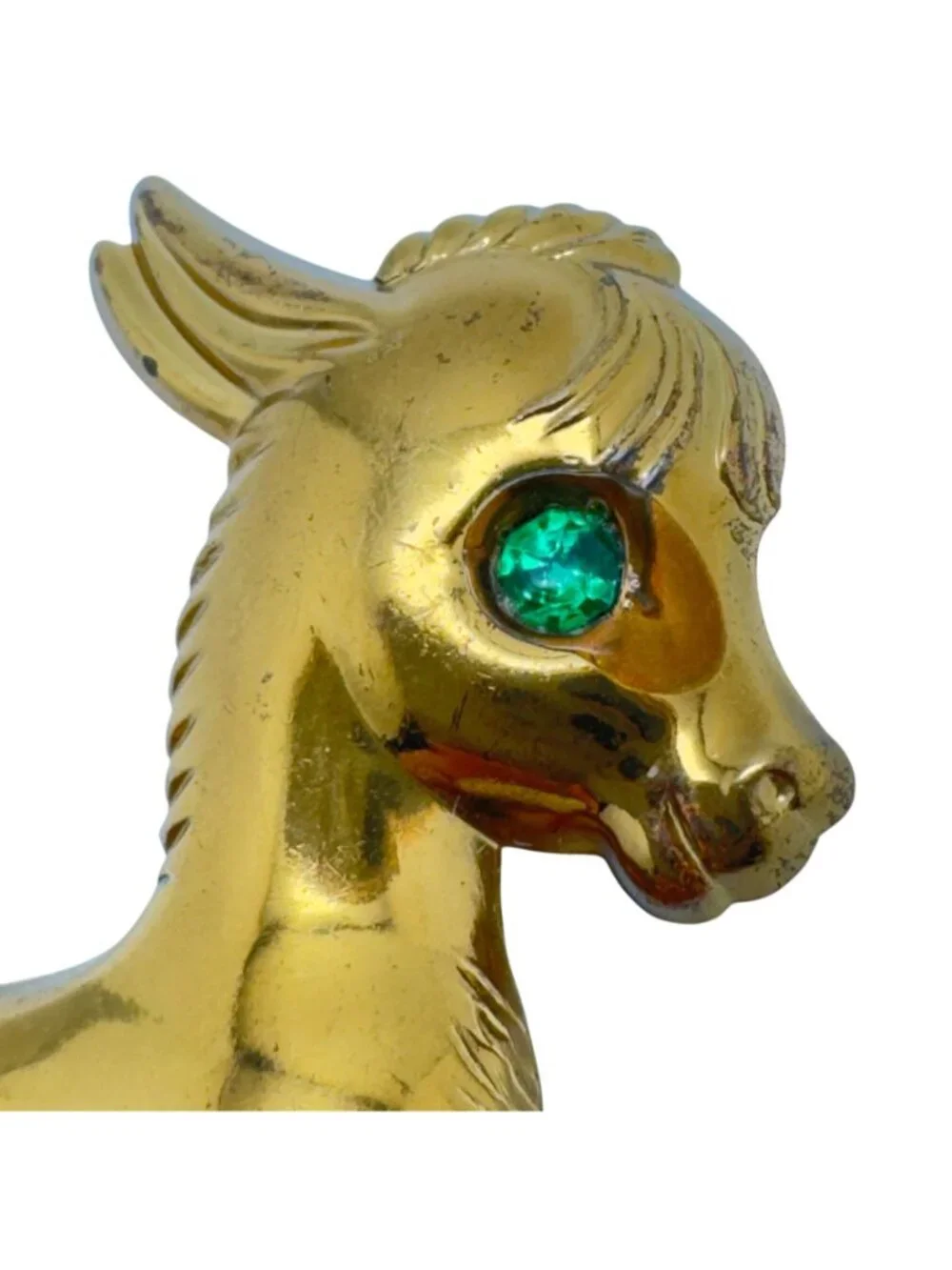 Vtg Gold Tone Donkey Brooch Green Rhinestone Eye Pressed Metal Pin 1 3/8